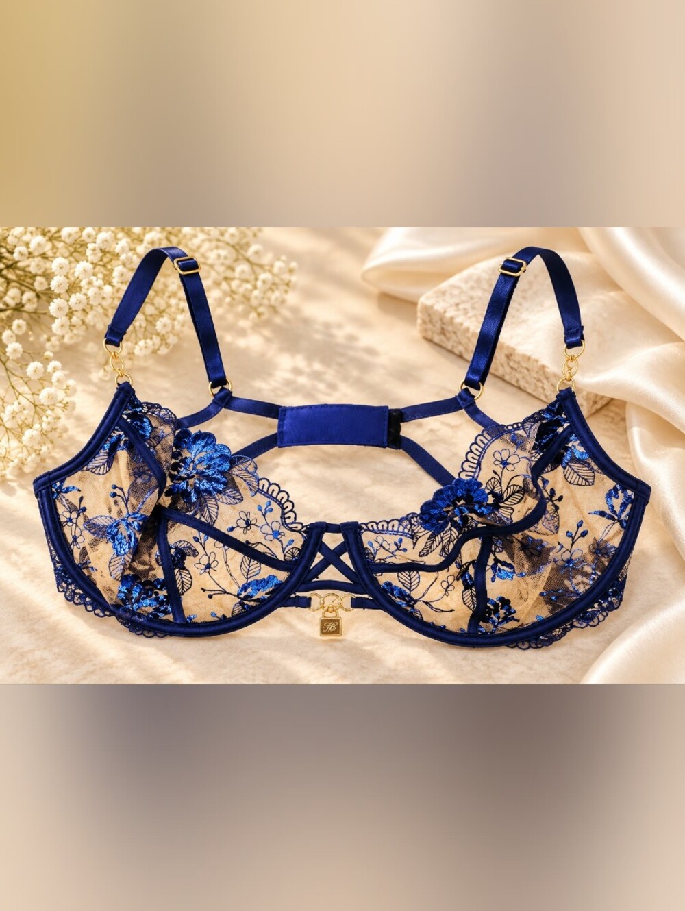 Honey Birdette Royal Blue Floral Embroidered Sheer Underwire Bra